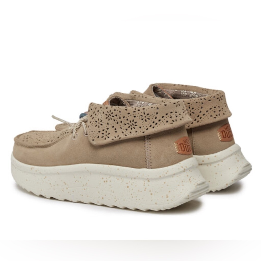 Women's Taupe Suede Ankle Booties with Laser-Cut Collar
